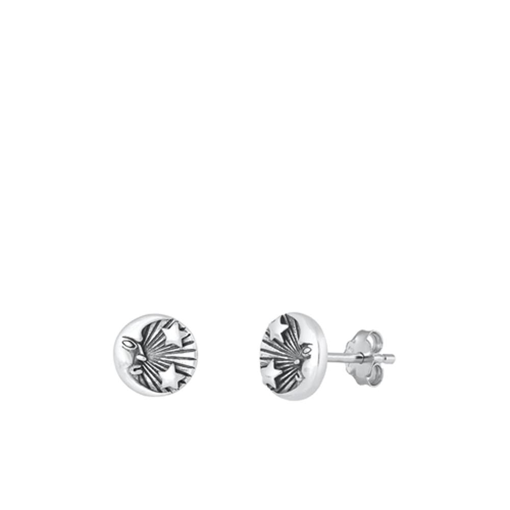 Sterling Silver Cute Moon & Stars Stud High Polished Oxidized Earrings .925 New