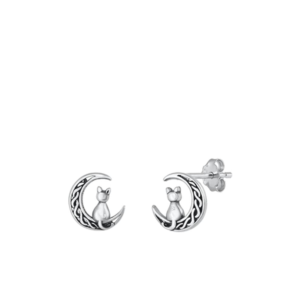 Sterling Silver Unique Cat Sitting on Celtic Moon Stud Earrings .925 New