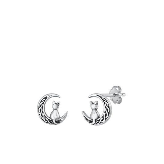 Sterling Silver Unique Cat Sitting on Celtic Moon Stud Earrings .925 New