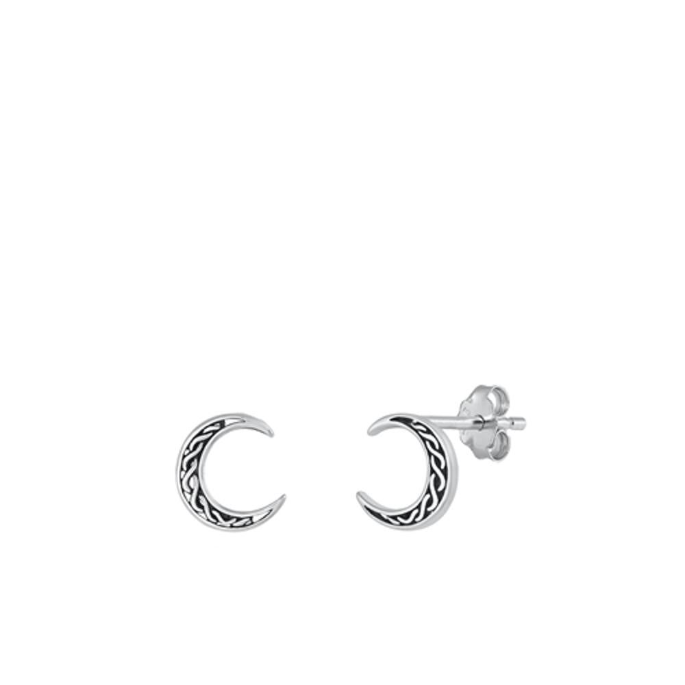 Sterling Silver Cute Celtic Cresent Moon Stud Oxidized Earrings .925 New