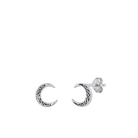 Sterling Silver Cute Celtic Cresent Moon Stud Oxidized Earrings .925 New
