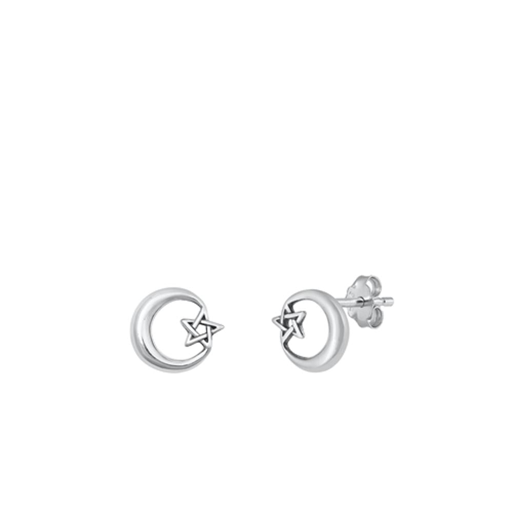 Sterling Silver Beautiful Cresent Moon Pentagram Stud Earrings .925 New
