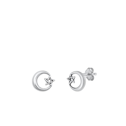 Sterling Silver Beautiful Cresent Moon Pentagram Stud Earrings .925 New