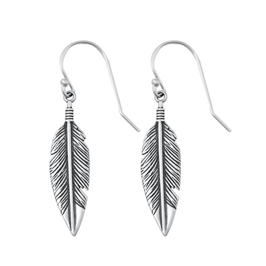 Sterling Silver Classic Feather Hook High Polished Oxidized Earrings .925 New