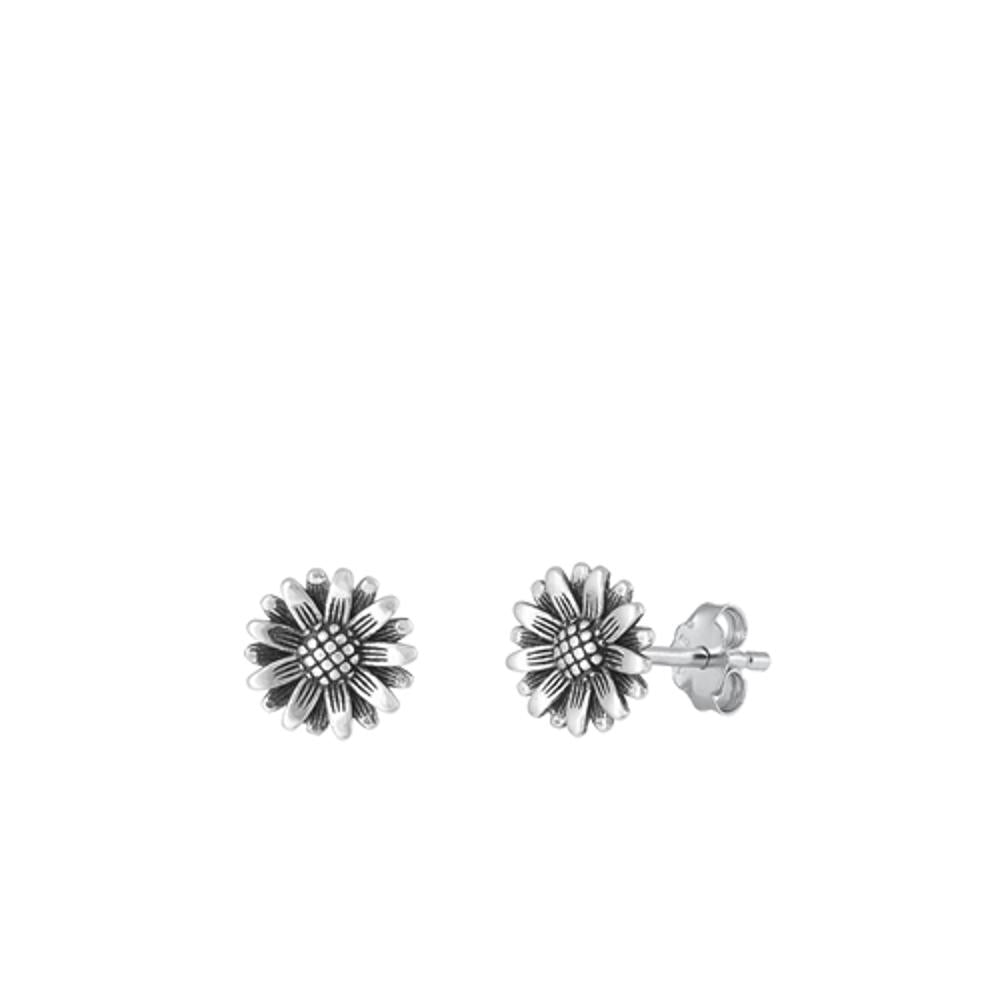 Sterling Silver Fashion Oxidized Simple Sunflower Stud Earrings .925 New