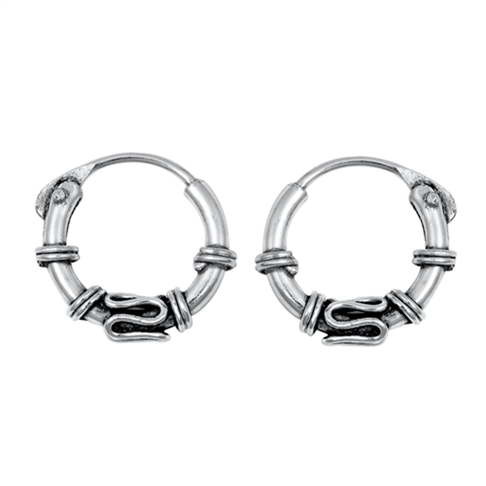Sterling Silver Bali Style Hoop Traditional Boho Wavy Earrings 925 New