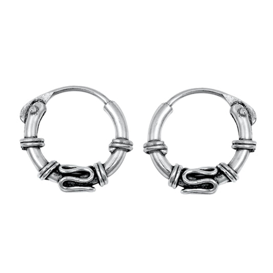 Sterling Silver Bali Style Hoop Traditional Boho Wavy Earrings 925 New