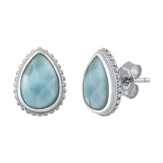 Sterling Silver Bali Style Teardrop Granulated Edge Boho Earrings Larimar 925