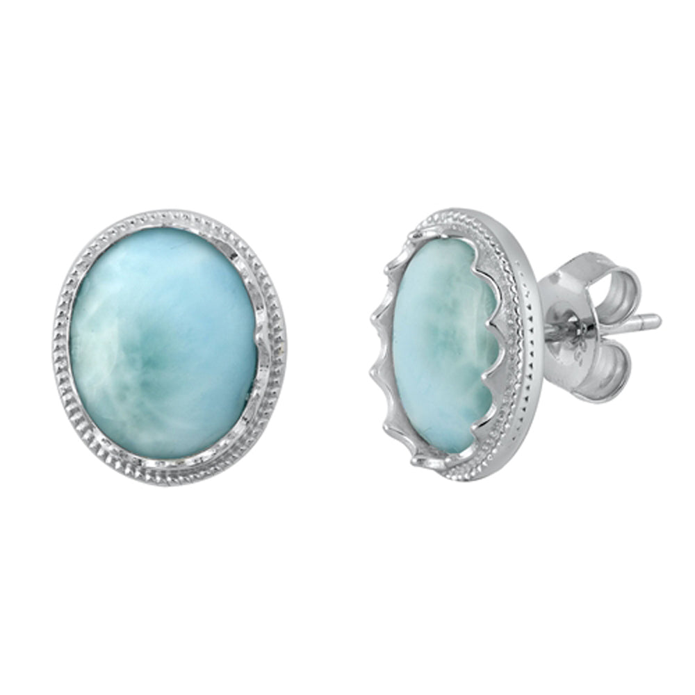 Sterling Silver Elegant Oval Crown Fashion Vintage Style Earrings Larimar 925