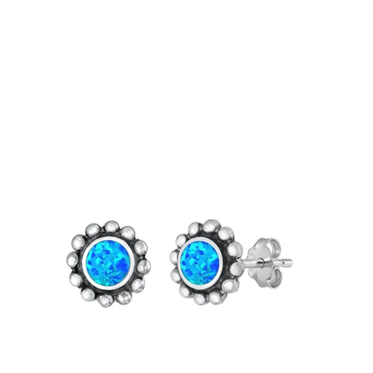 Sterling Silver Beautiful Blue Lab Opal Oxidized Bali Stud Earrings 925 New