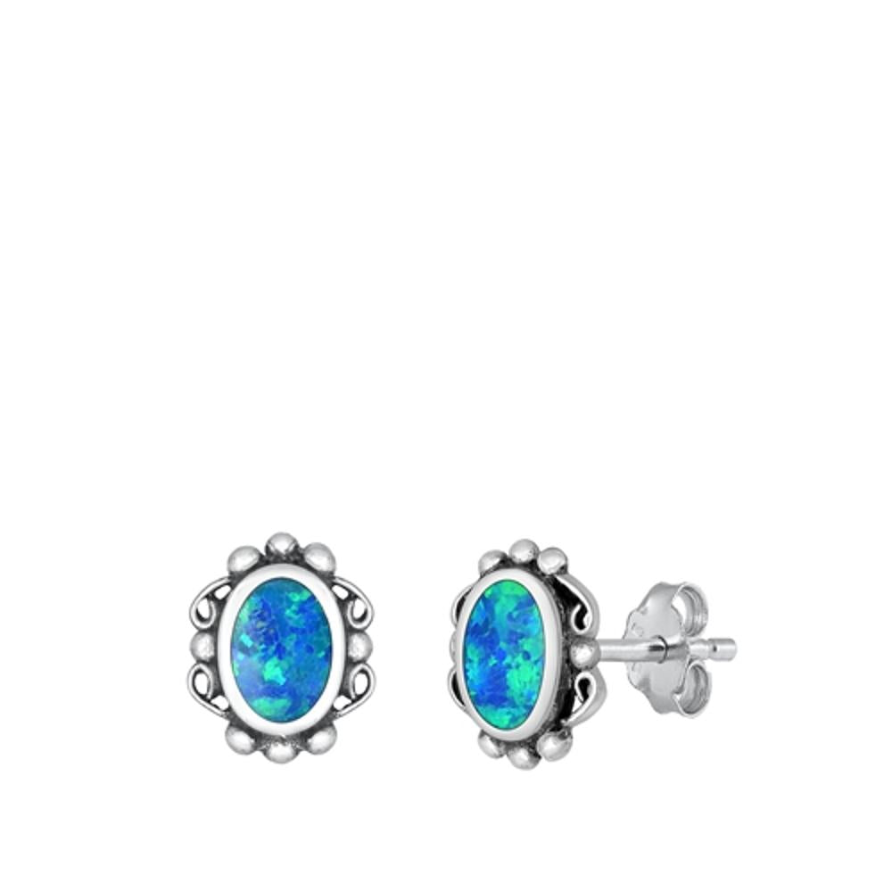 Sterling Silver Fashion Blue Synthetic Opal Bali Stud Earrings 925 New
