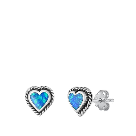 Sterling Silver Beautiful Classic Blue Lab Opal Heart Bali Stud Earrings 925 New