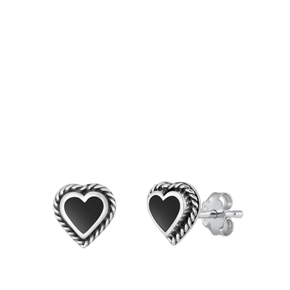 Sterling Silver Unique Black Agate Heart Stud High Polished Earrings 925 New