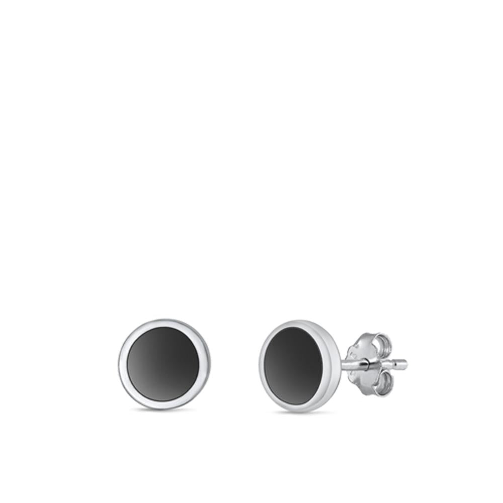 Sterling Silver Unique Black Agate Circle Stud High Polished Earrings 925 New