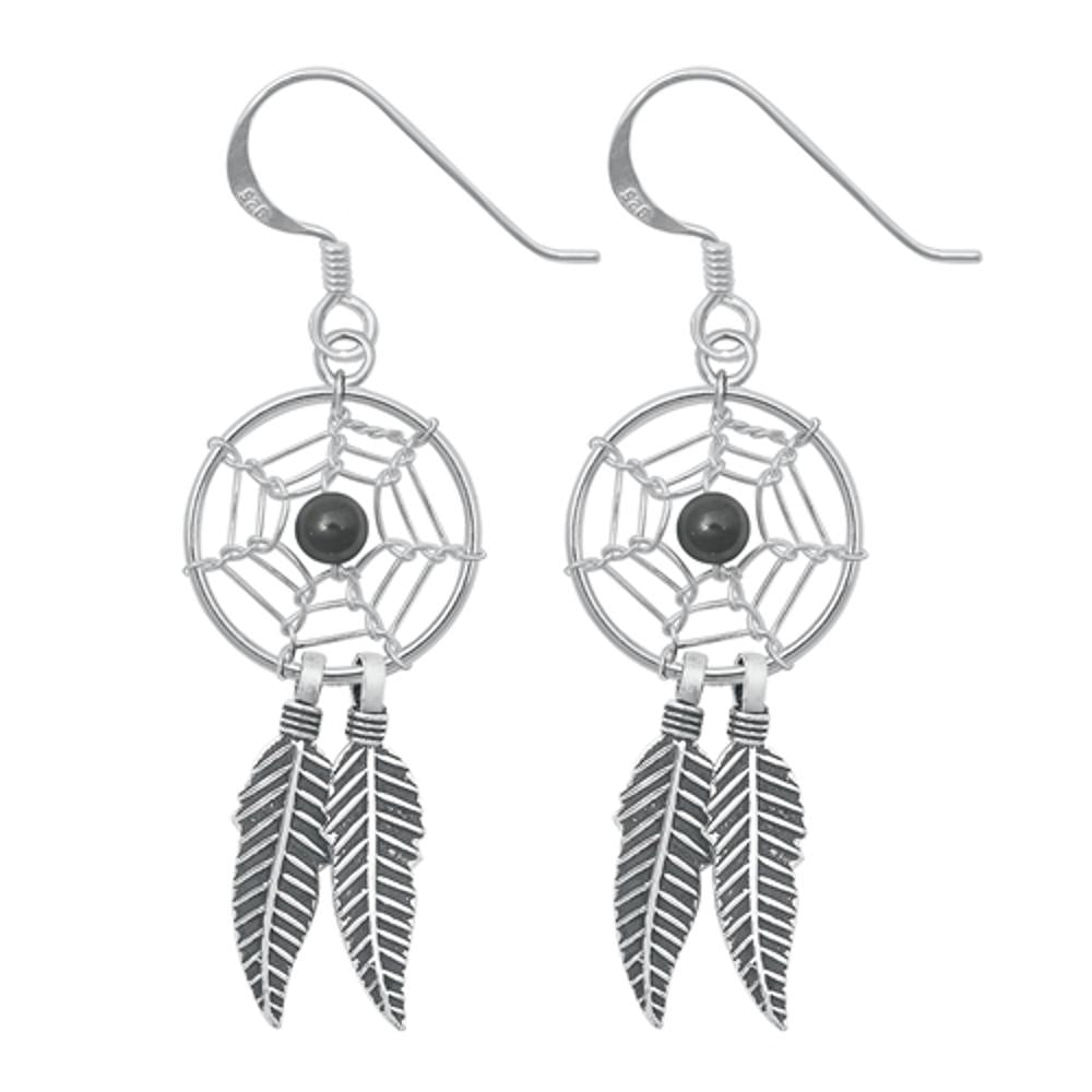 Sterling Silver Oxidized Dreamcatcher Native American Feather Hook Earrings .925