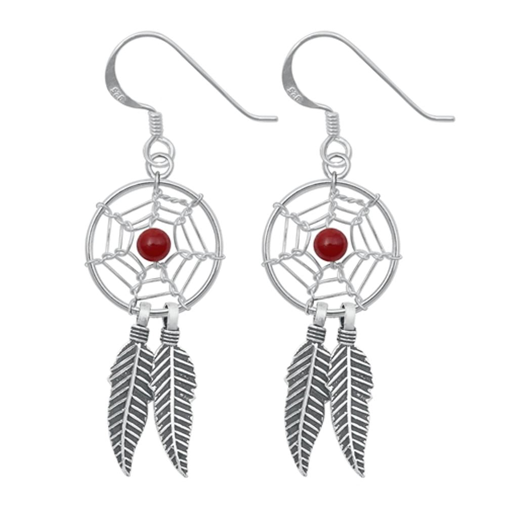 Sterling Silver Oxidized Dreamcatcher Native American Feather Hook Earrings .925