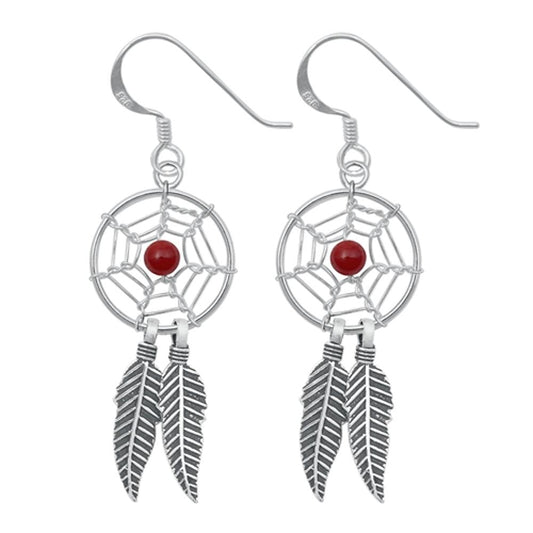 Sterling Silver Oxidized Dreamcatcher Native American Feather Hook Earrings .925