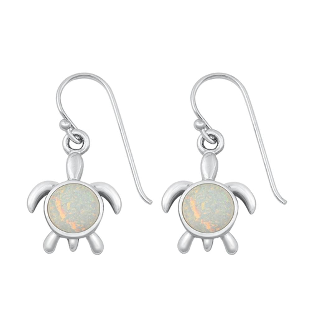 Sterling Silver Classic White Synthetic Opal Sea Turtle Cute Earrings 925 New