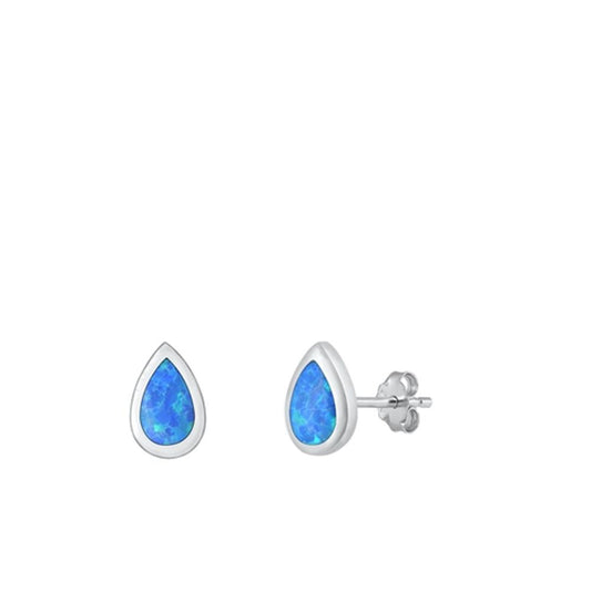 Sterling Silver Unique Blue Synthetic Opal Teardrop Stud Earrings .925 New