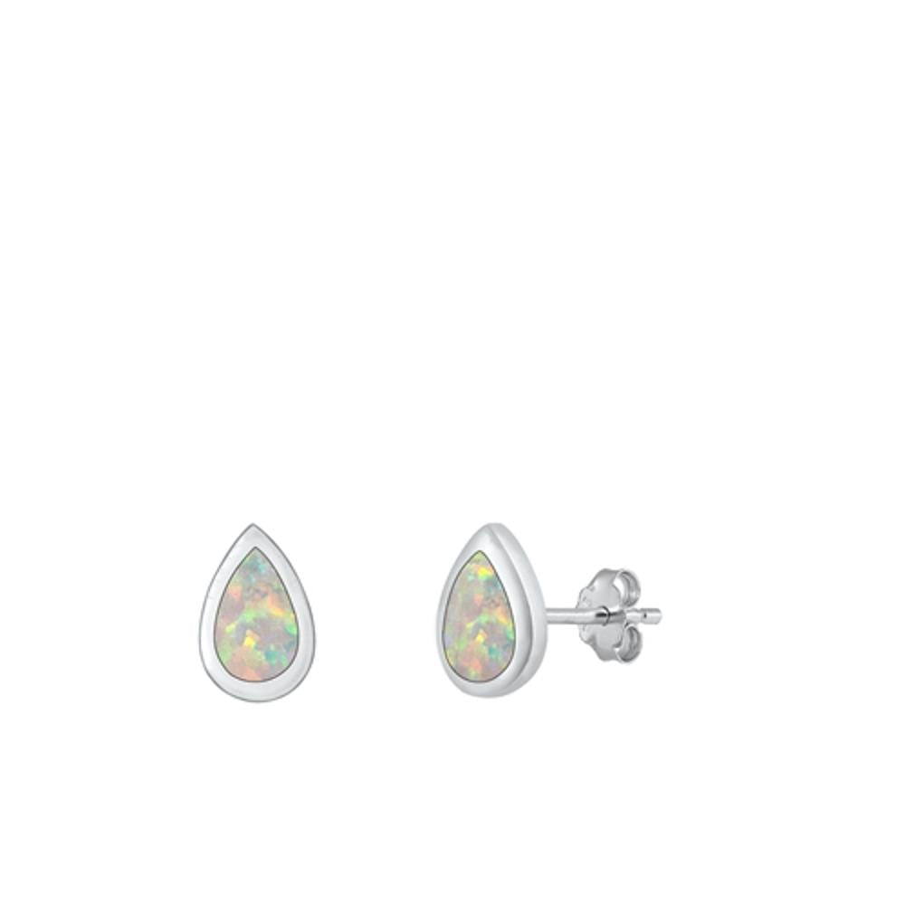 Sterling Silver Classic White Synthetic Opal Teardrop Stud Earrings .925 New