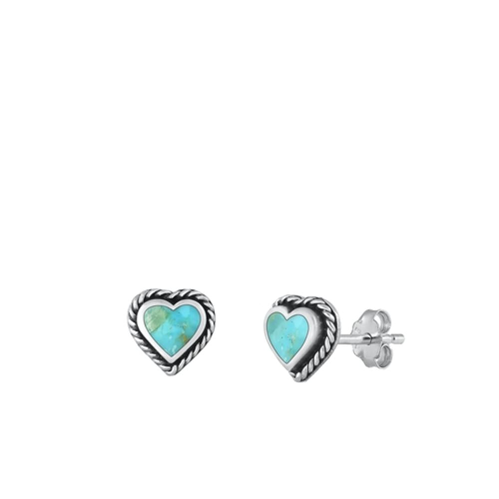 Sterling Silver Fashion Turquoise Heart High Polished Oxidized Earrings .925 New
