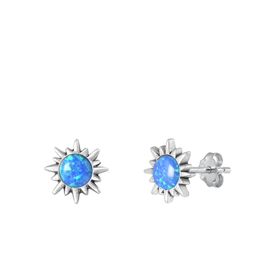 Sterling Silver Classic Blue Synthetic Opal Sun Star Stud Earrings .925 New
