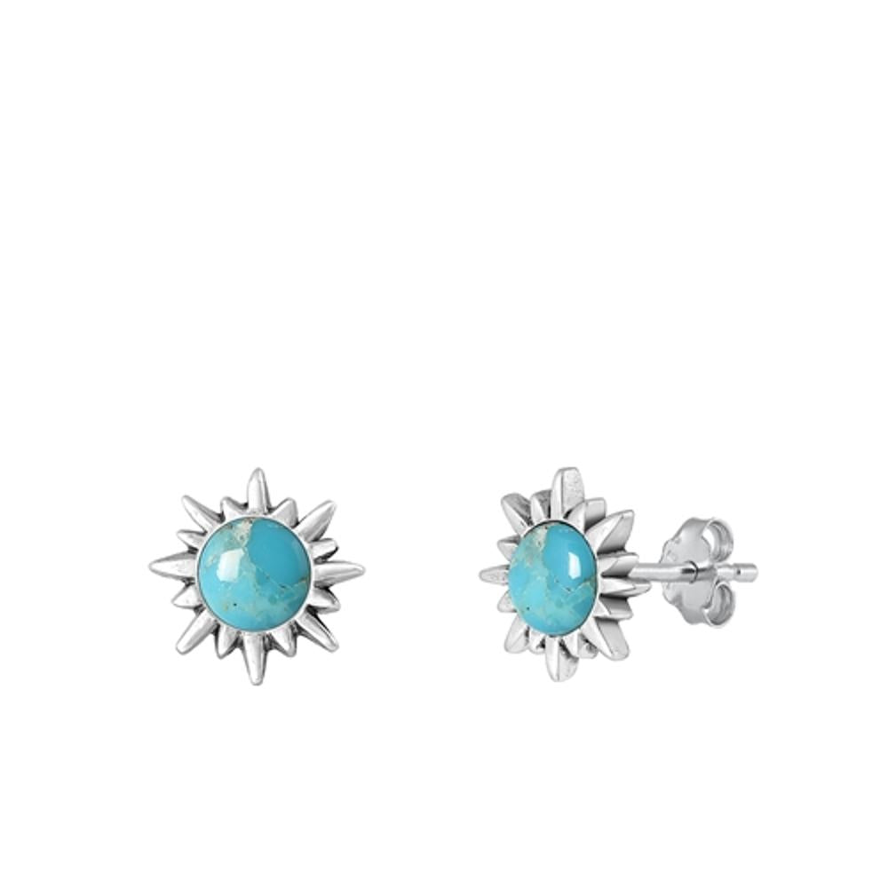 Sterling Silver Beautiful Turquoise Sun Star High Polished Stud Earrings 925 New