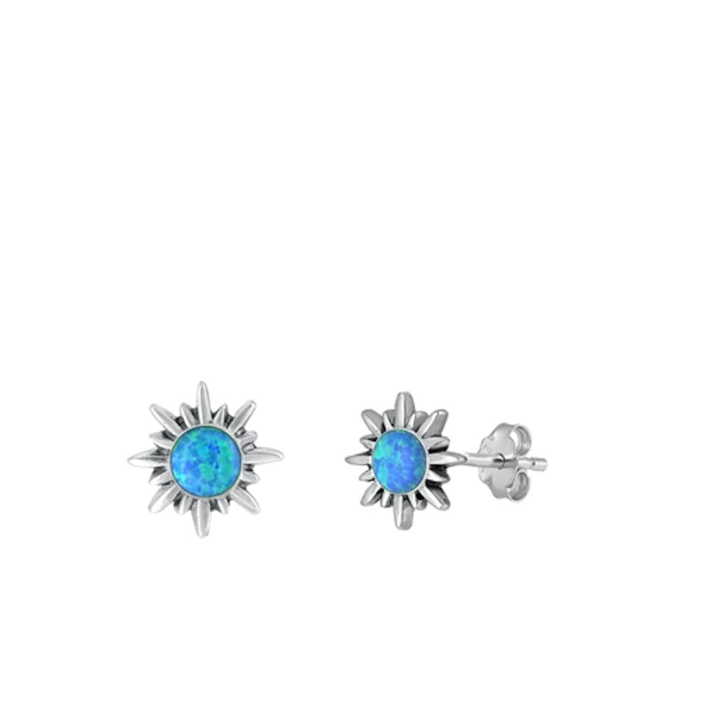 Sterling Silver Beautiful Blue Synthetic Opal Sun Burst Earrings .925 New
