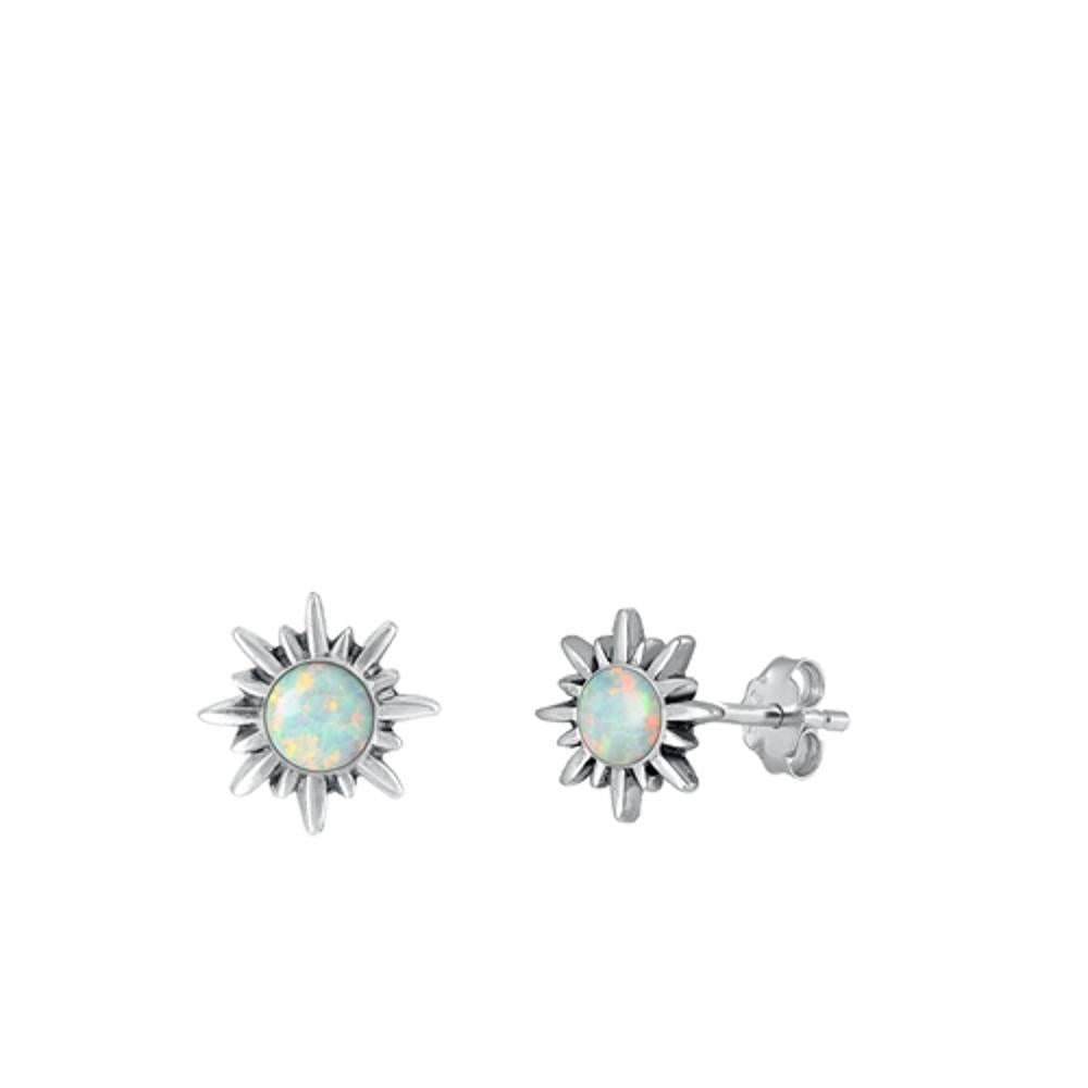 Sterling Silver Cute White Synthetic Opal Sun Burst Polished Earrings .925 New