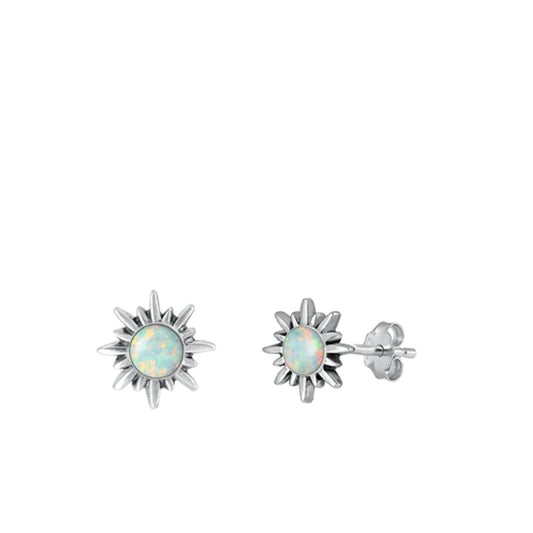 Sterling Silver Cute White Synthetic Opal Sun Burst Polished Earrings .925 New