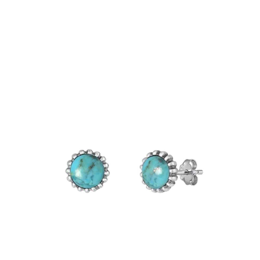 Sterling Silver Fashion Oxidized Turquoise Round Cute Stud Earrings .925 New