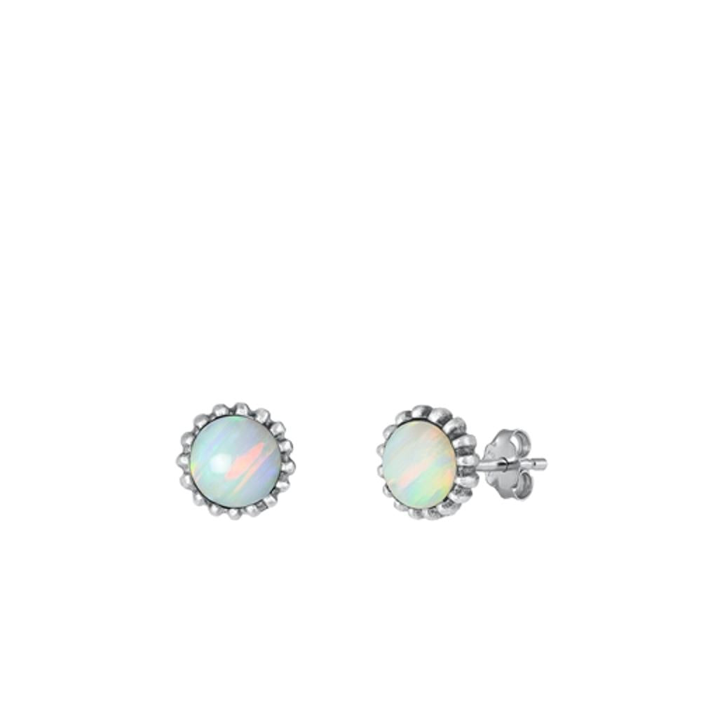 Sterling Silver Fashion Oxidized White Lab Opal Round Stud Earrings .925 New
