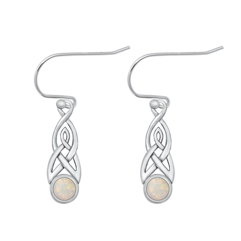 Sterling Silver Classic White Synthetic Opal Celtic Hook Earrings .925 New
