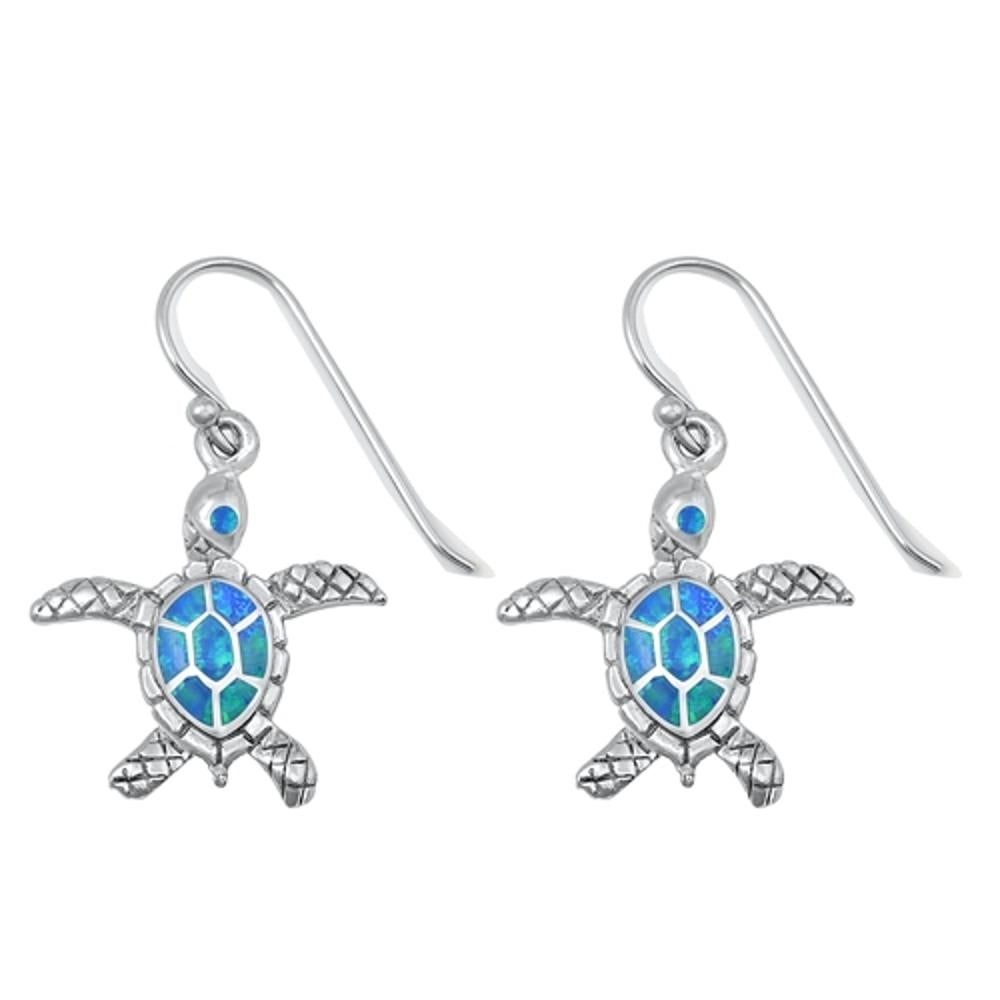 Sterling Silver Wholesale Blue Synthetic Opal Sea Turtle Hook Earrings .925 New