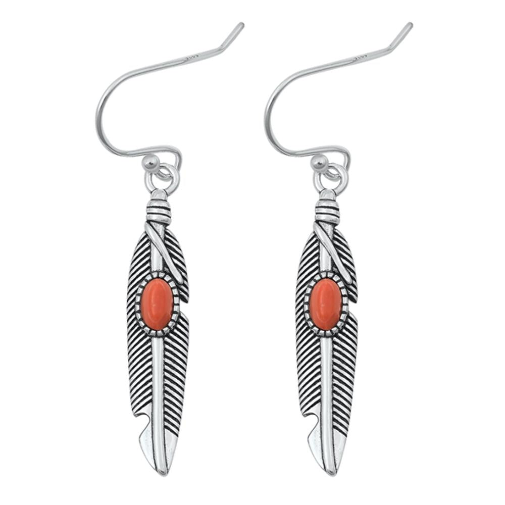 Sterling Silver Center Piece Red Carnelian Hanging Feather Hook Earrings 925 New