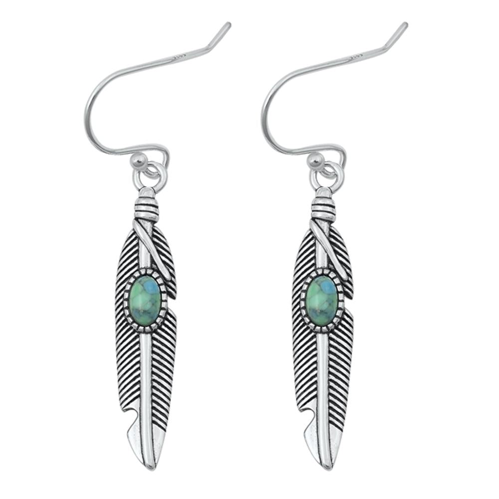 Sterling Silver Turquoise Oxidized Polished Feather Drop Hook Earrings .925 New