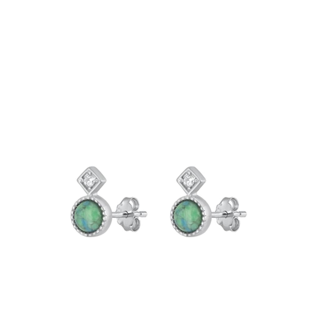 Sterling Silver Unique Turquoise Clear CZ High Polished Stud Earrings .925 New