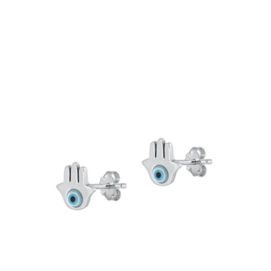 Sterling Silver Polished Mother of Pearl Hamsa Evil Eye Stud Earrings .925 New
