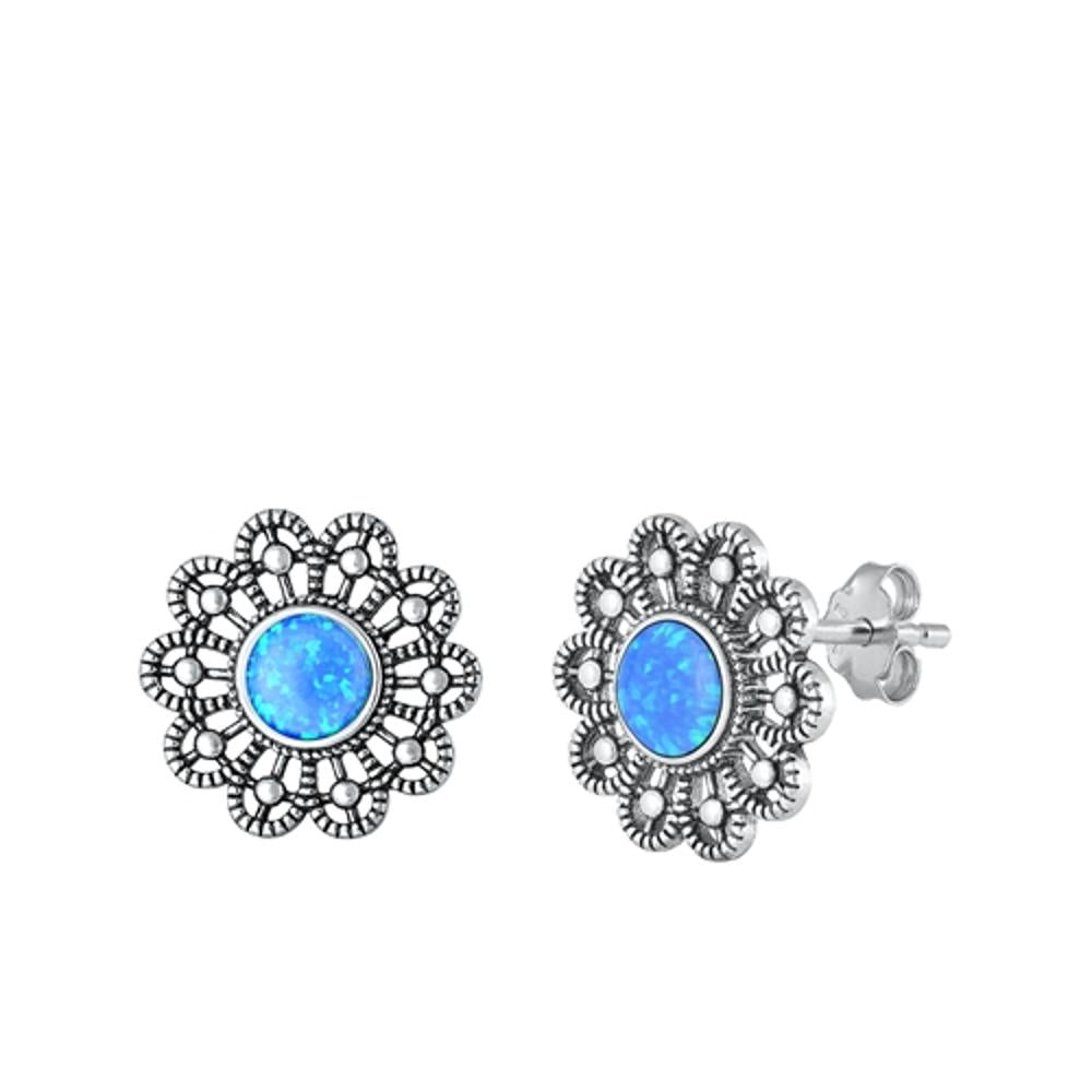Sterling Silver Polished Blue Synthetic Opal Victorian Flower Earrings .925 New