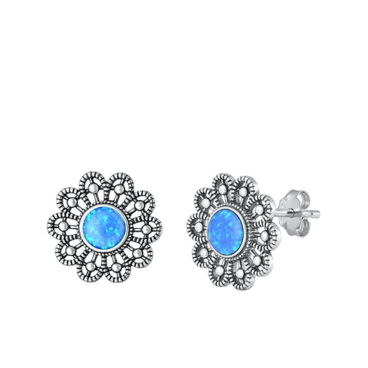 Sterling Silver Polished Blue Synthetic Opal Victorian Flower Earrings .925 New