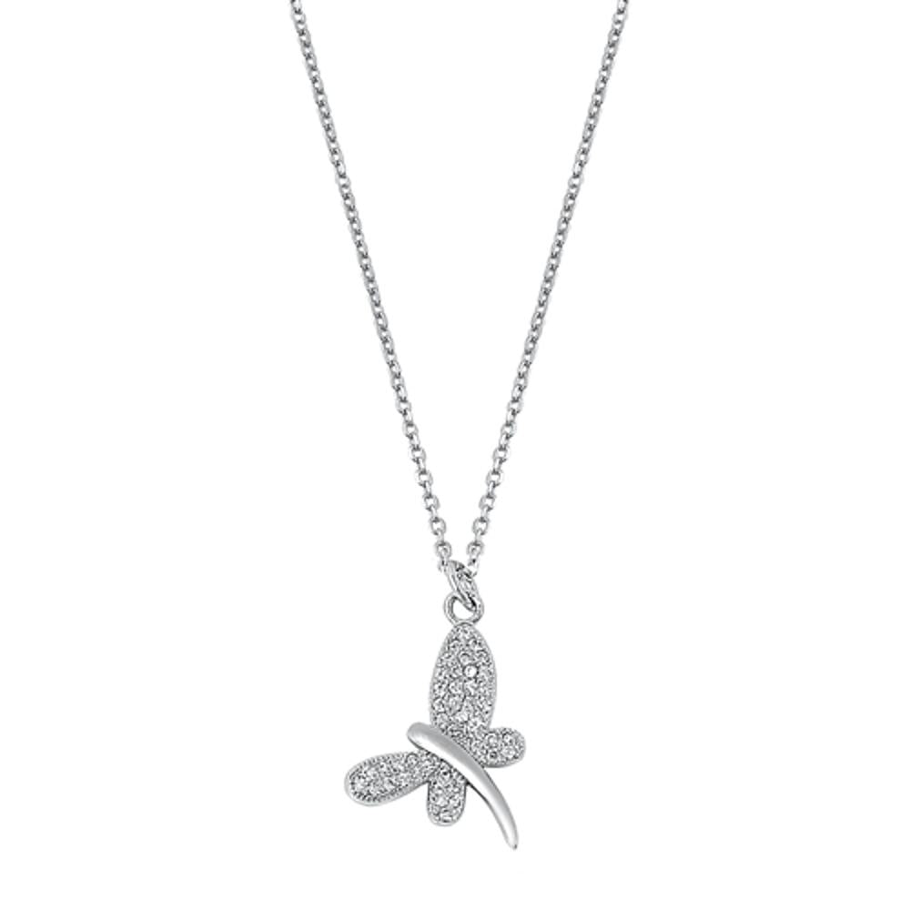 Dragonfly Pendant Rolo Chain Necklace Clear Simulated CZ .925 Sterling Silver, 16"