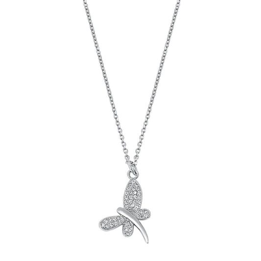 Dragonfly Pendant Rolo Chain Necklace Clear Simulated CZ .925 Sterling Silver, 16"