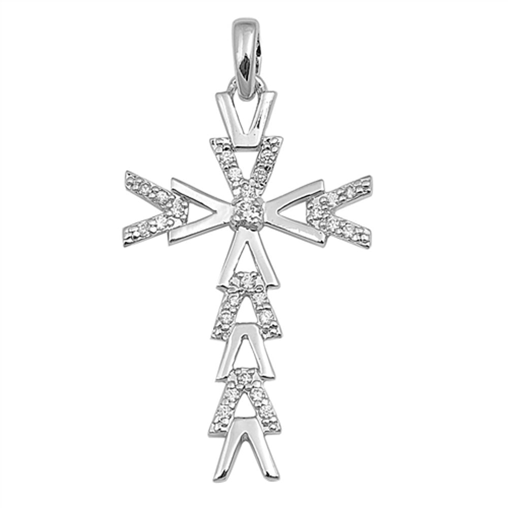 Arrow Art Deco Style Cross Pendant Clear Simulated CZ .925 Sterling Silver Charm
