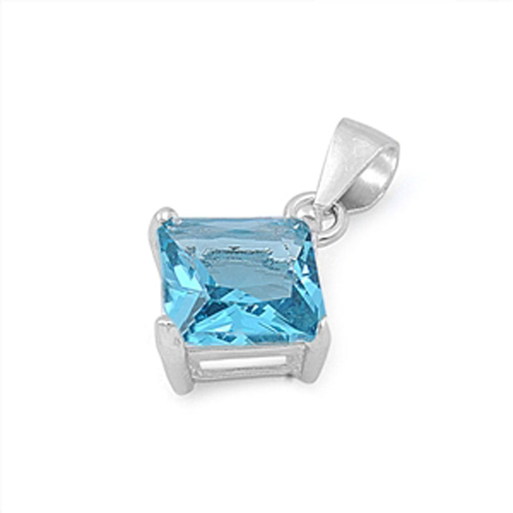 Solitaire Classic Square Pendant Simulated Aquamarine .925 Sterling Silver Charm