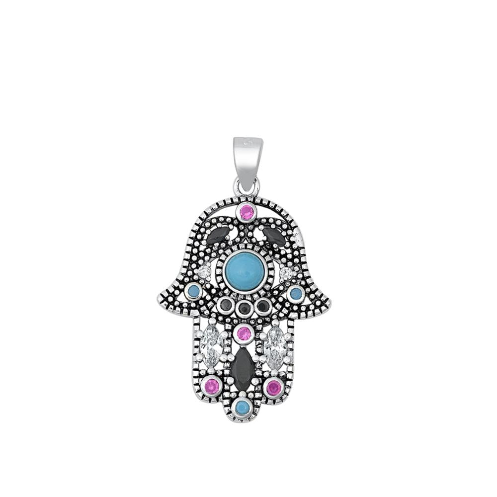 Sterling Silver Bejeweled Hamsa Pendant Hand of God Studded Cluster Bali Charm