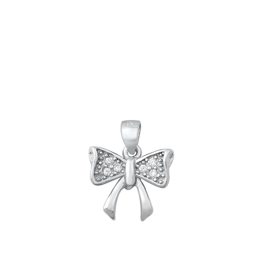 Sterling Silver Clear CZ Cute Bow Pendant Ribbon Elegant Cluster Charm 925 New