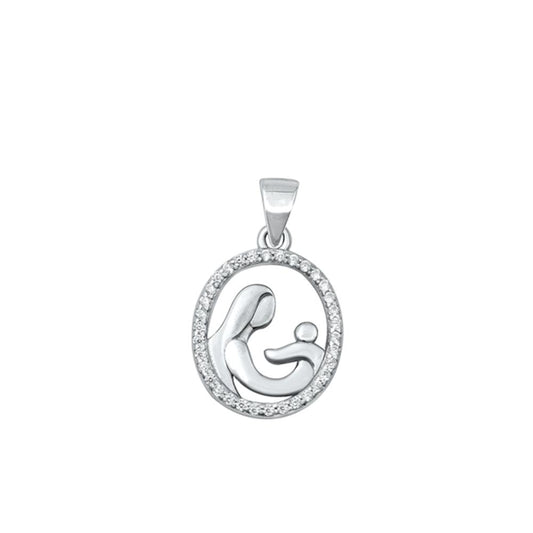 Sterling Silver Mother & Baby Family Love Round CZ Pendant New Mother Gift Charm