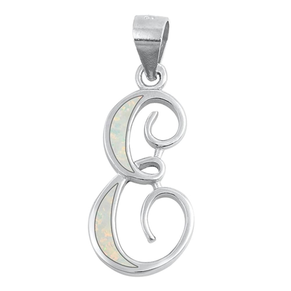 Sterling Silver Polished White Synthetic Opal "E" Initial Pendant Script Charm