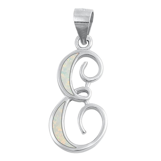 Sterling Silver Polished White Synthetic Opal "E" Initial Pendant Script Charm