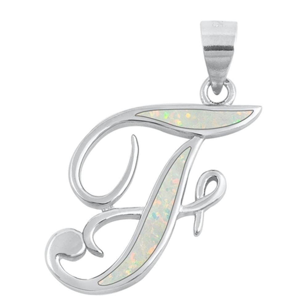 Sterling Silver Polished White Synthetic Opal Initial "F" Pendant Script Charm